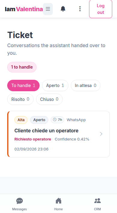 Dashboard IamValentina su smartphone con coda ticket e KPI