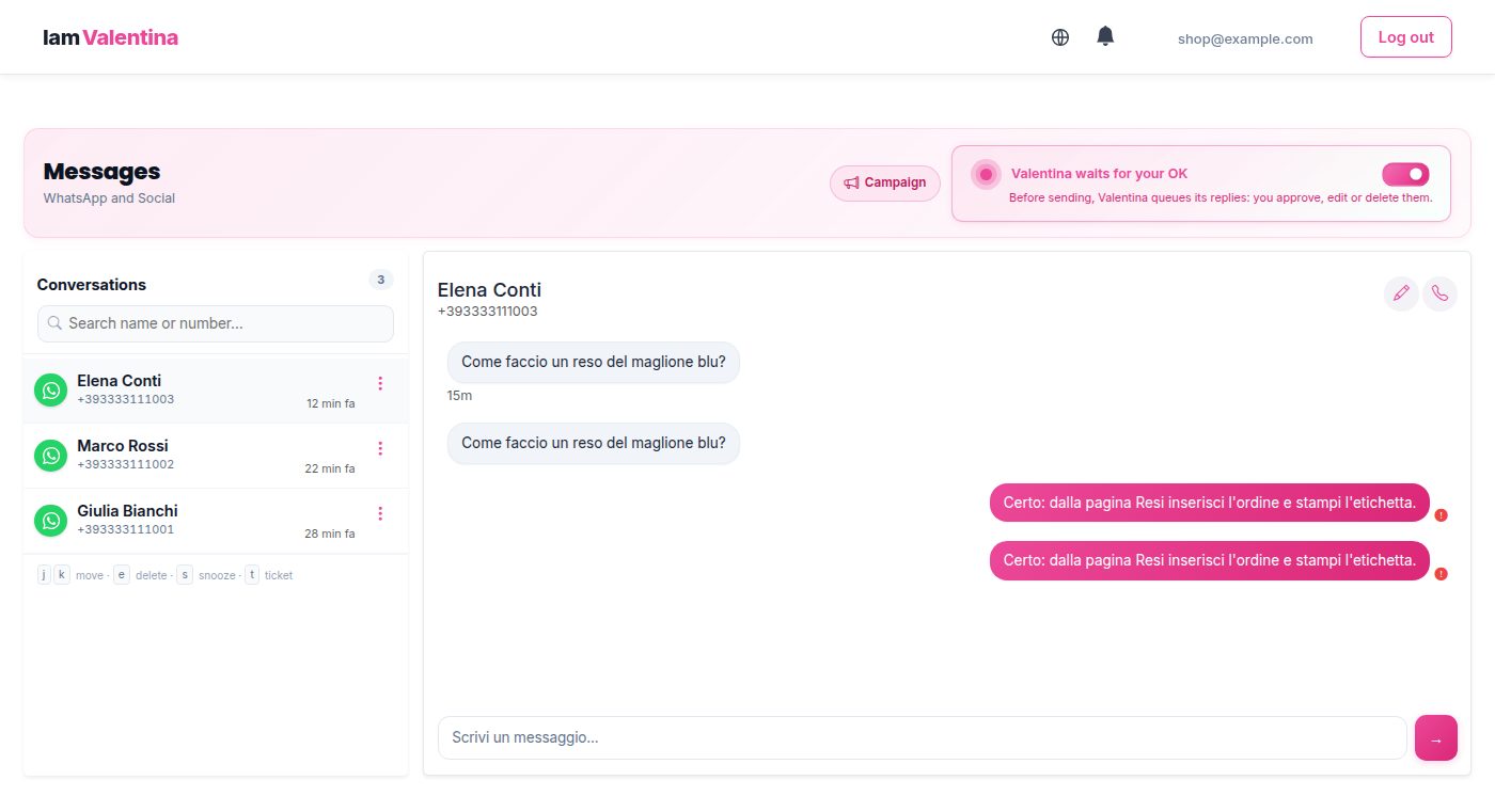 Dashboard IamValentina: conversazioni, ticket e canali gestiti da Valentina